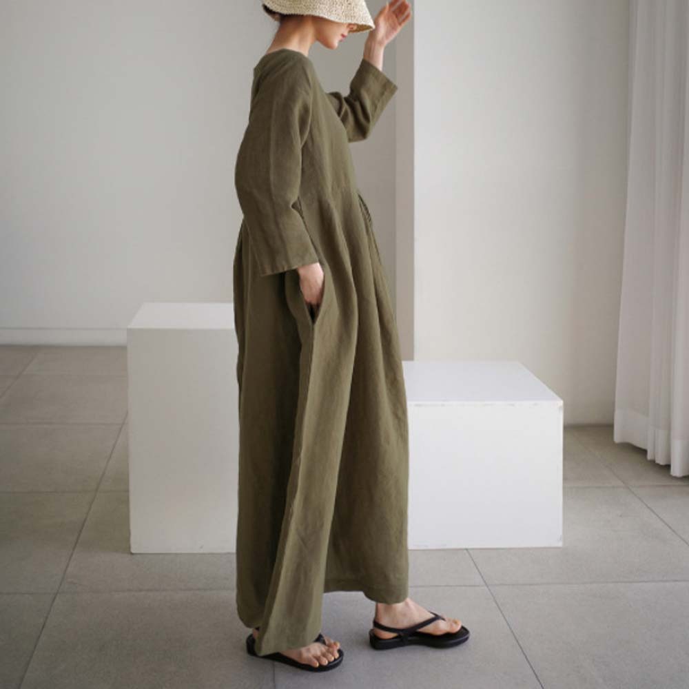 Spring and autumn casual loose round neck cotton and linen dress