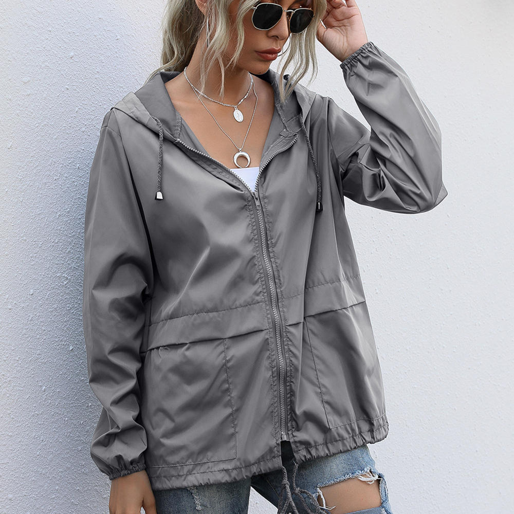 Olivoslindo Chaqueta con capucha impermeable con cremallera para exteriores de moda de otoño para mujer