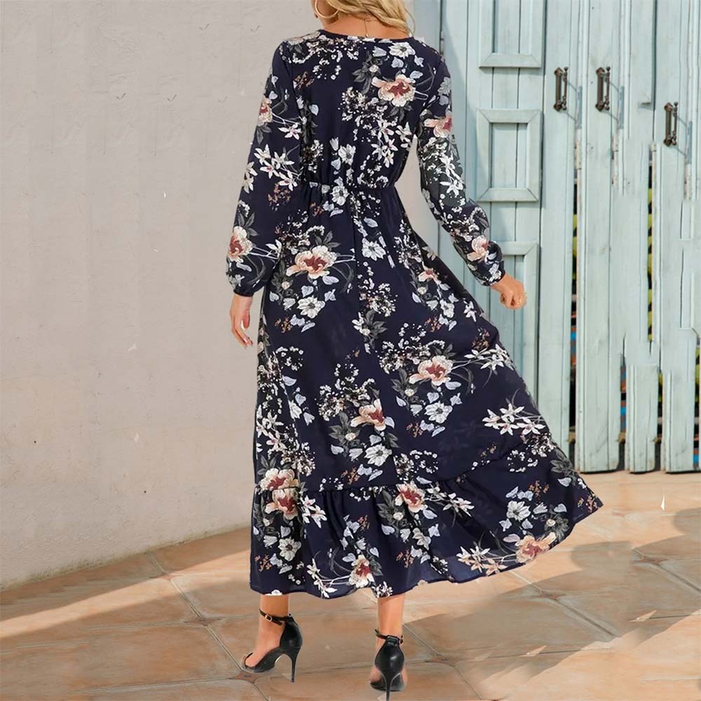 Women's Bohemian Ruffle Print Long Sleeve Dress