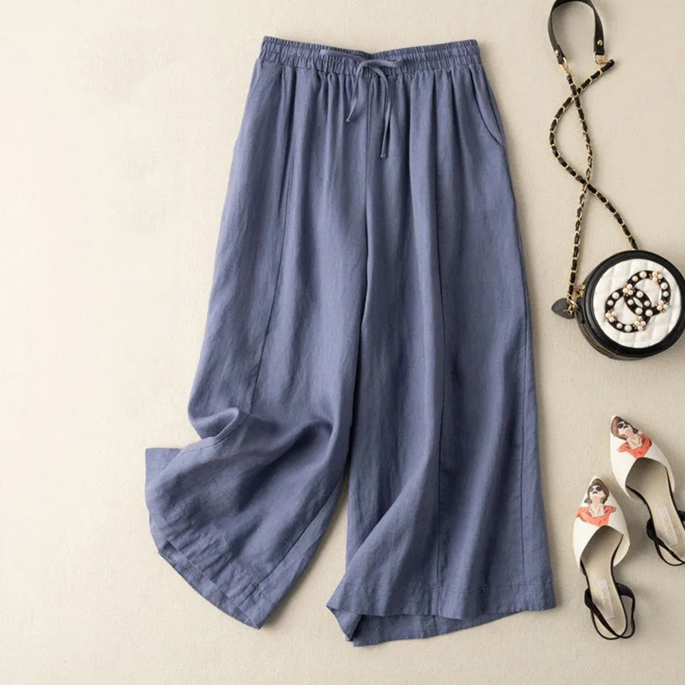 Pantalones de pierna ancha holgados informales de algodón y lino para mujer