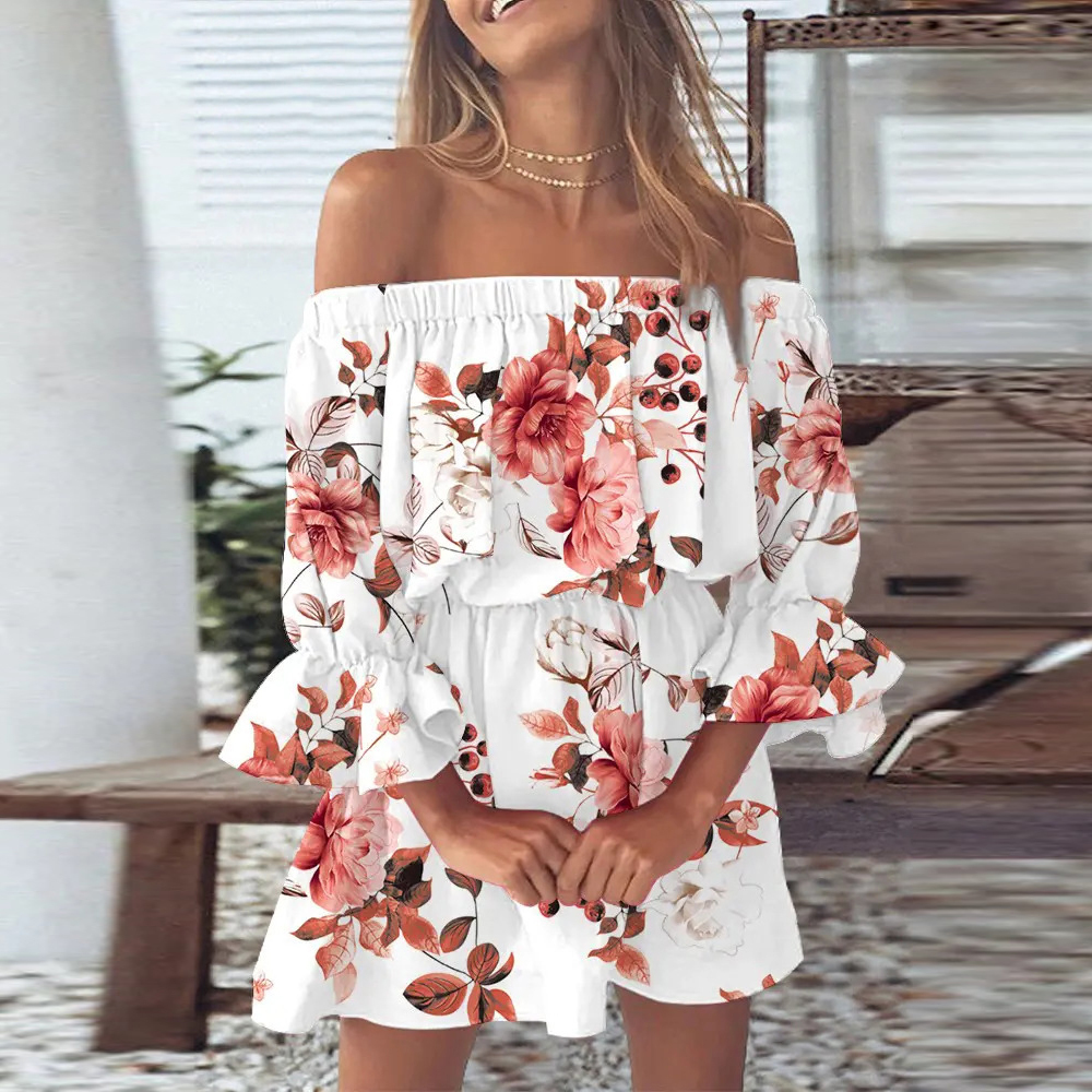 Boho print off-the-shoulder ruffle-sleeve dress