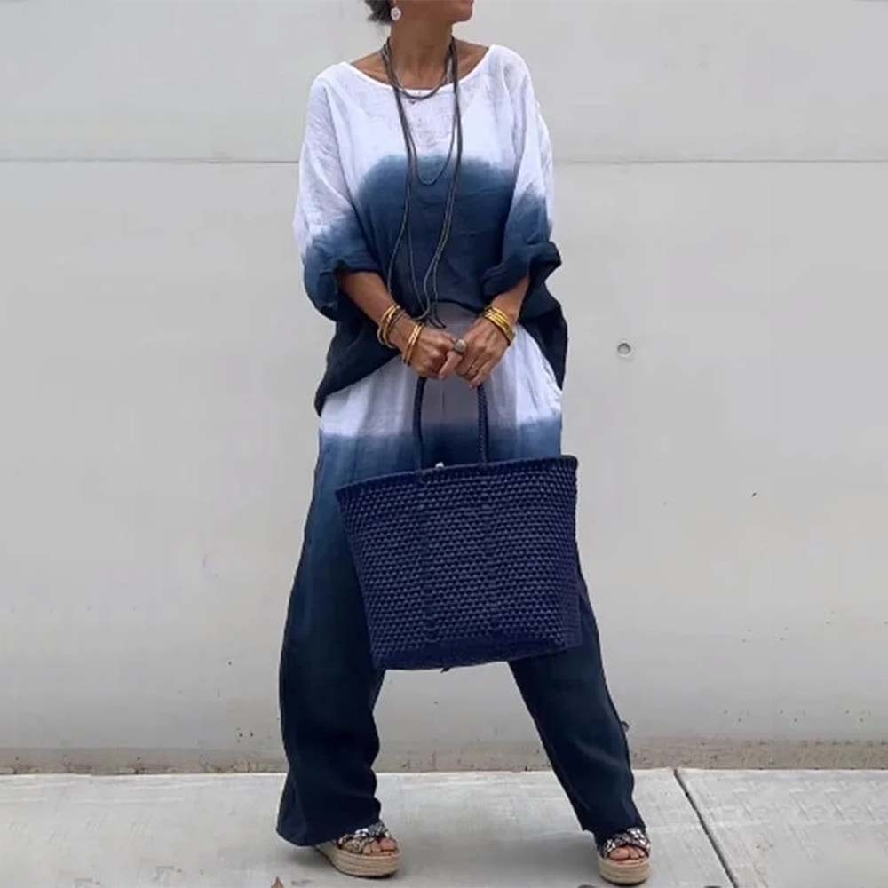 Conjunto de dos piezas degradado de algodón y lino para mujer a la moda