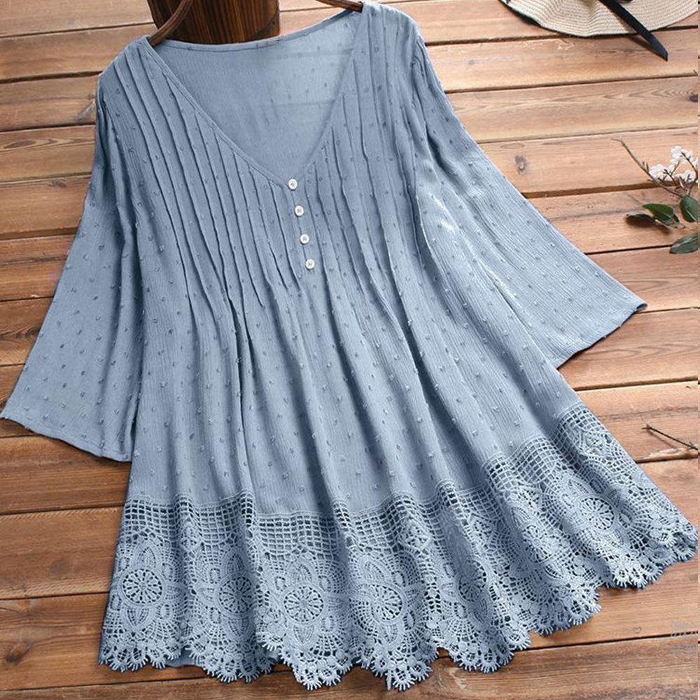 Summer ladies temperament lace V-neck hollow short-sleeved shirt