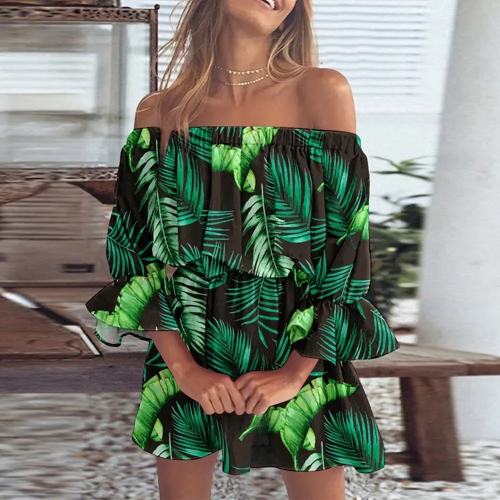 Boho print off-the-shoulder ruffle-sleeve dress