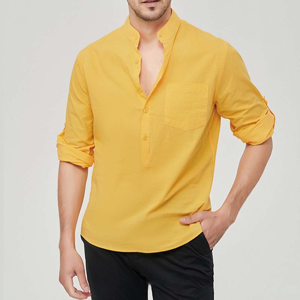 Hojanaranja Camisa henley cómoda de algodón de color liso para hombre