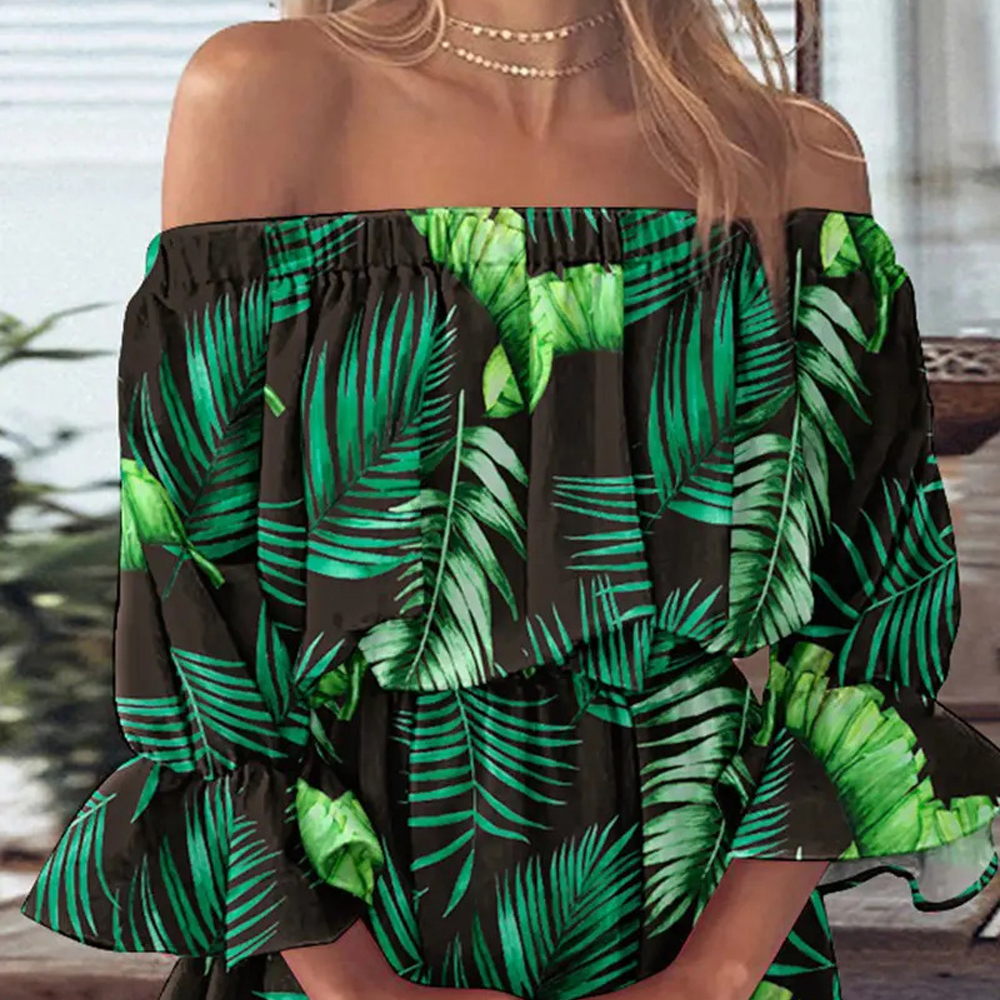 Boho print off-the-shoulder ruffle-sleeve dress