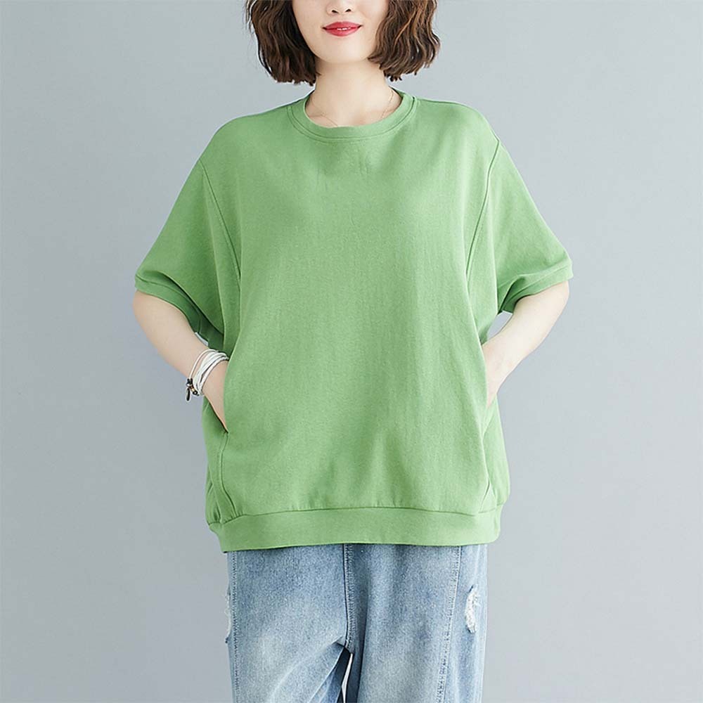 Summer women's loose solid color pocket round neck T-shirt