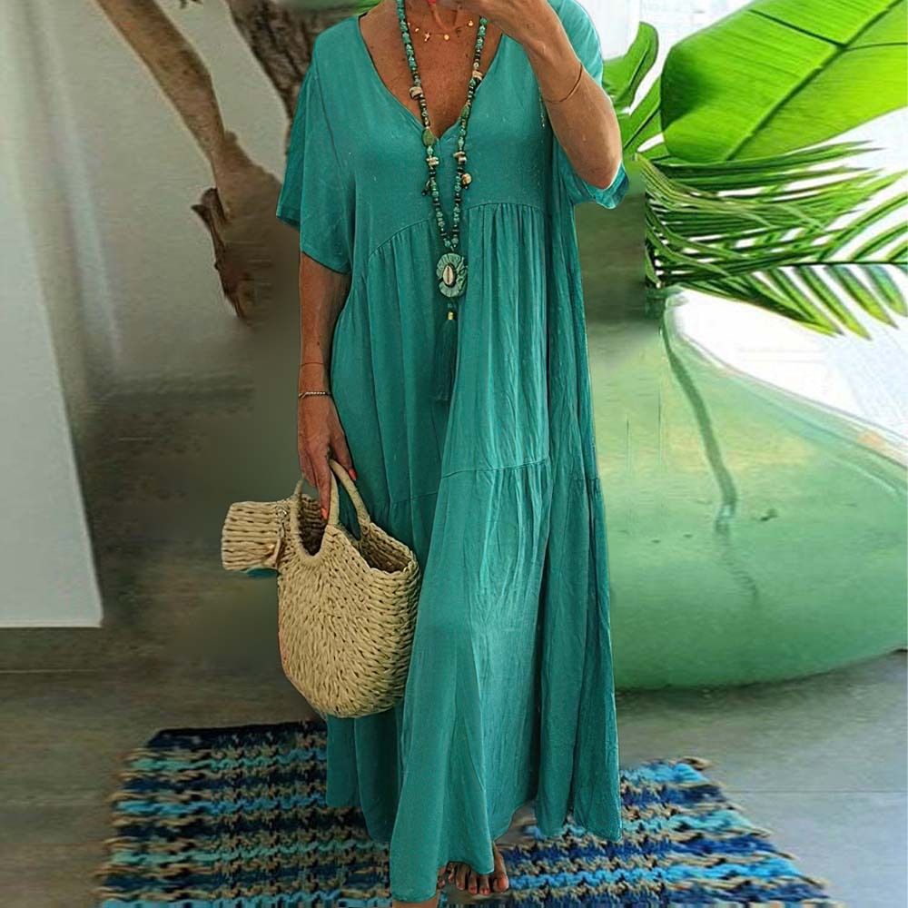 Women's breathable V-neck cotton and linen long skirt casual beach dress