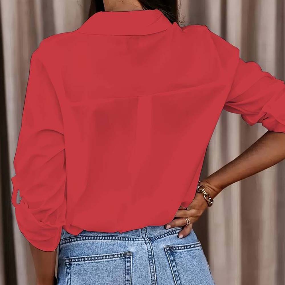 Women's V-Neck Button-Down Long Sleeve Casual Shirt