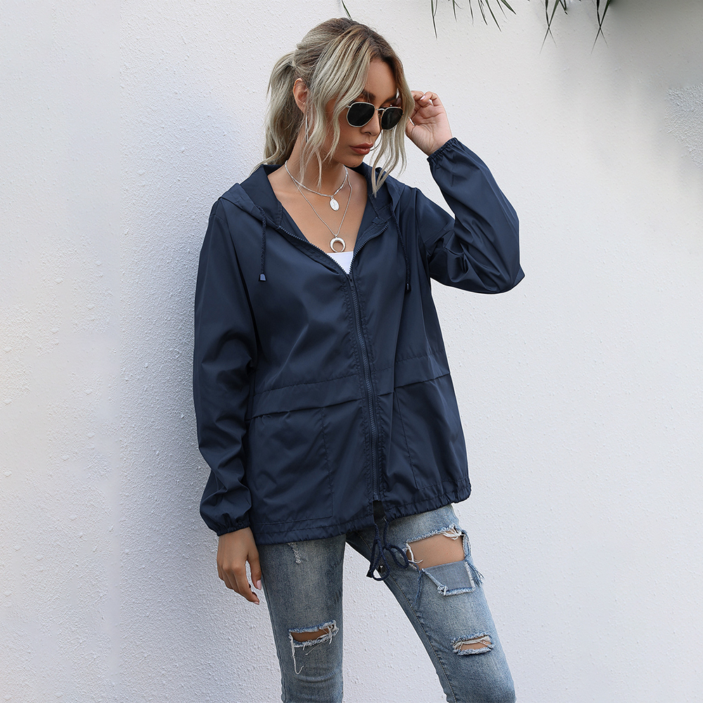 Olivoslindo Chaqueta con capucha impermeable con cremallera para exteriores de moda de otoño para mujer
