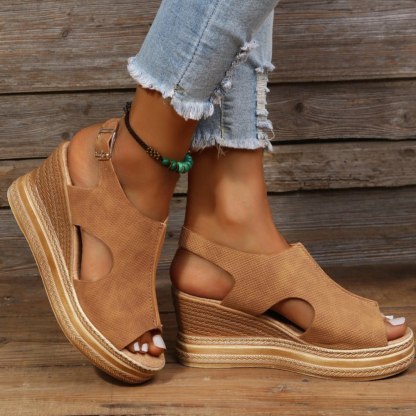 Olivoslindo Sandalias de cuña con hebilla y punta abierta estilo romano