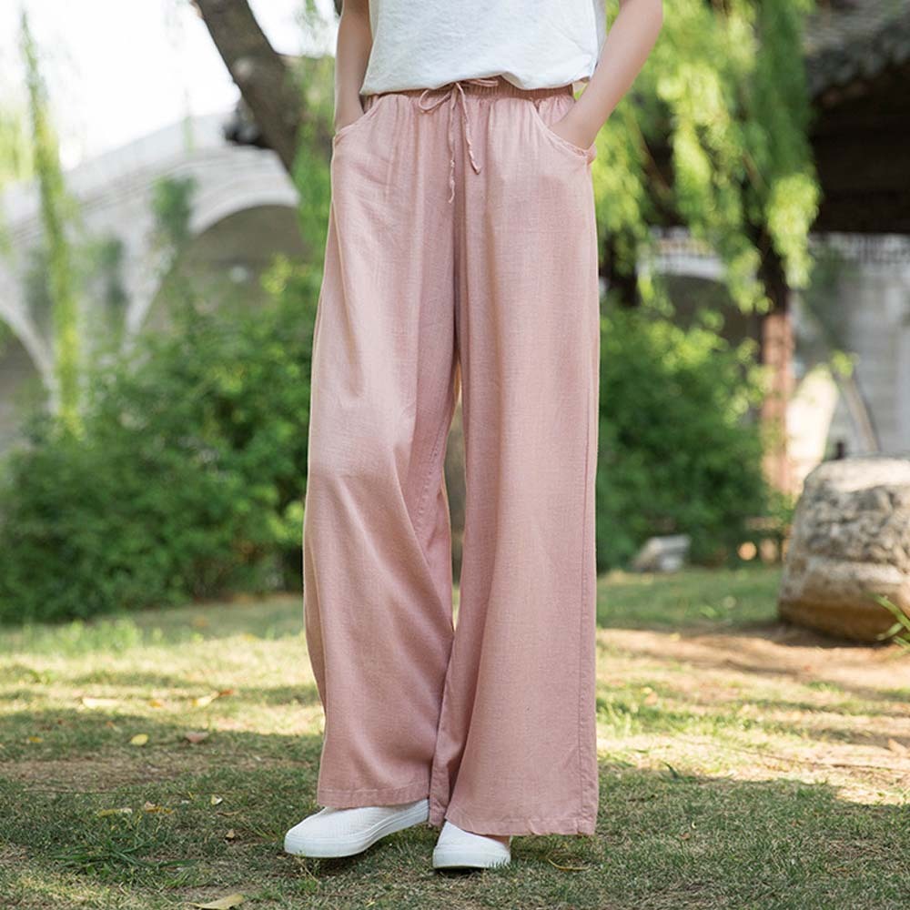 2024 Spring and summer women's retro linen wide-leg pants