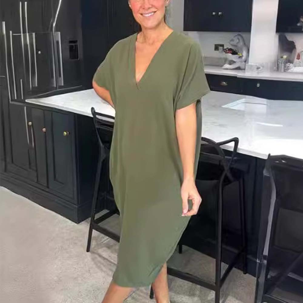 Vestido de seda hielo con cuello en V y manga murciélago de color liso