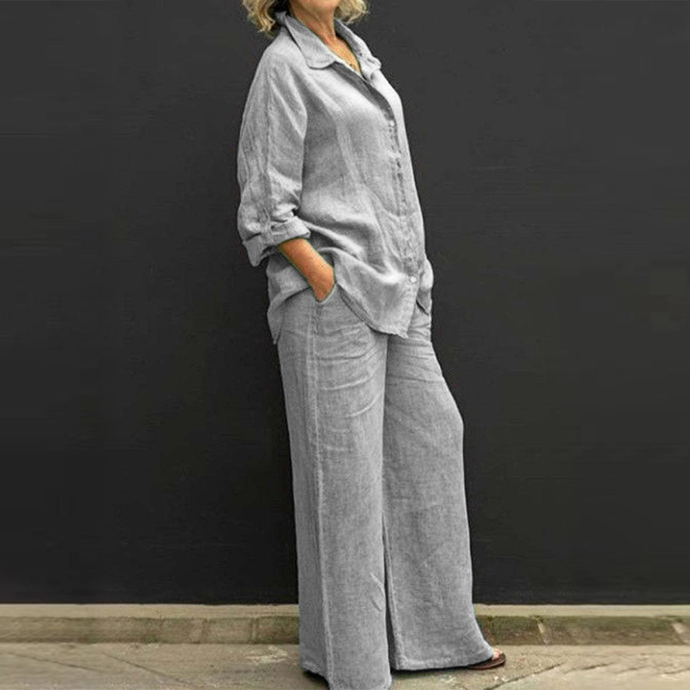 Women's casual cotton 2-piece set (long-sleeved shirt + wide-leg trousers)