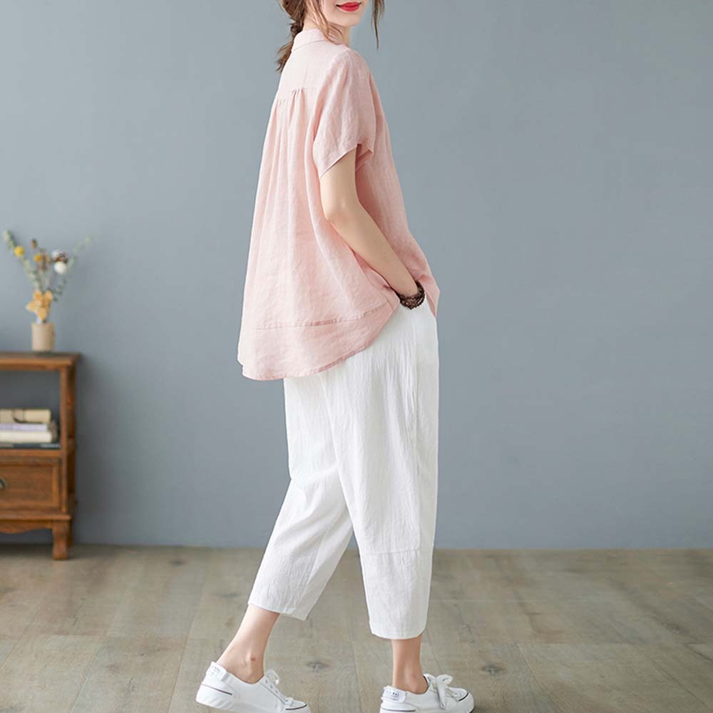 Women's loose large size cotton and linen short sleeve shirt