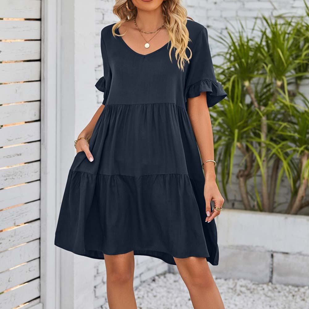 Summer casual V-neck ruffle loose dress beach dress