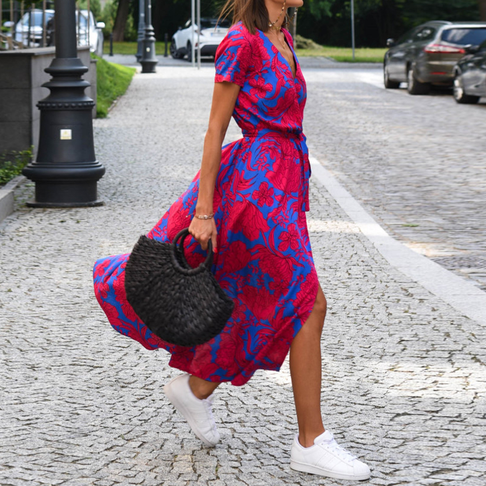 Summer bohemian style tie-front V-neck printed slit dress