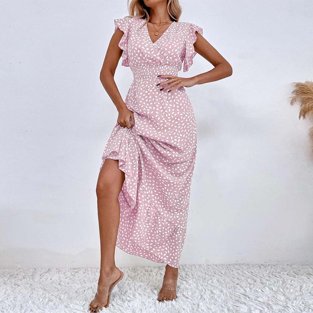 Women's Elegant V-Neck Ruffled Waist Dress