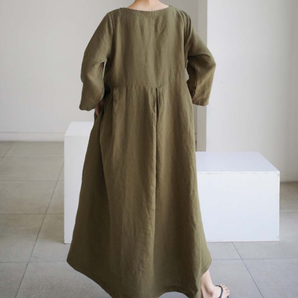 Spring and autumn casual loose round neck cotton and linen dress