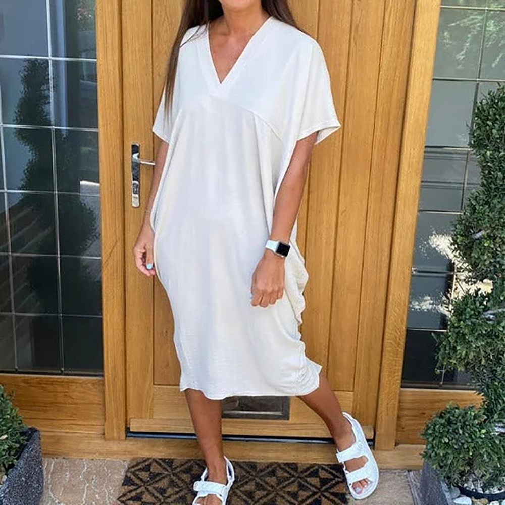 Vestido de seda hielo con cuello en V y manga murciélago de color liso