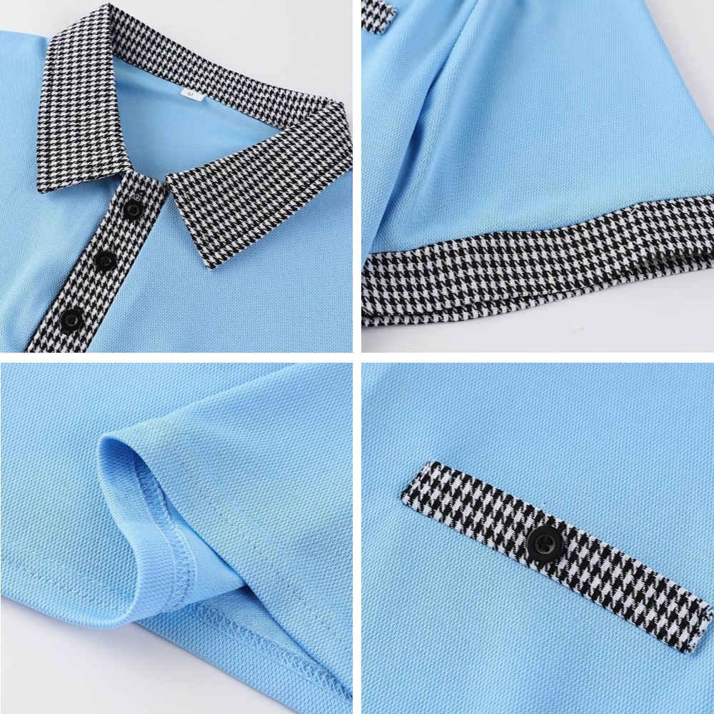 Summer Men's Houndstooth Casual Button Collar Short Sleeve Polo Shirt