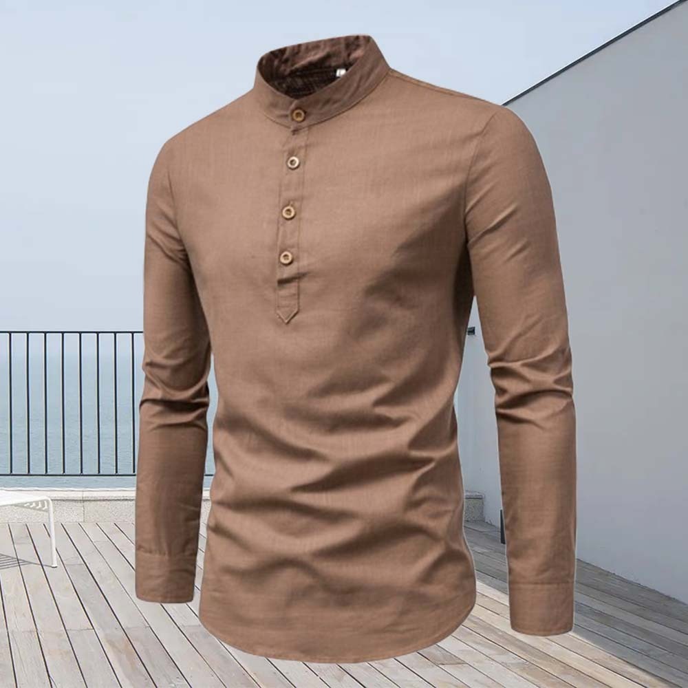 Fashion slim fit cotton and linen half-open collar men's long-sleeved shirt