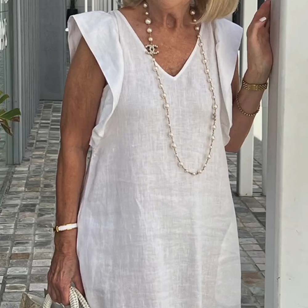 Elegante vestido de algodón y lino con cuello en V y color liso