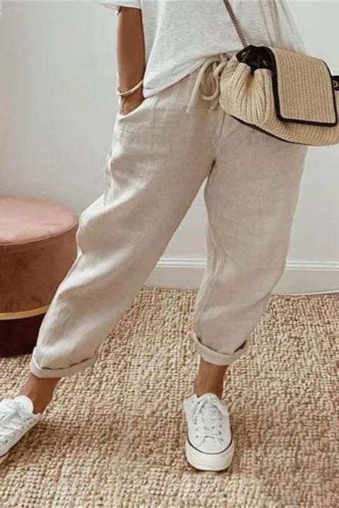 🔥Pantalones con bolsillo diagonal en la cintura con cordón de color liso