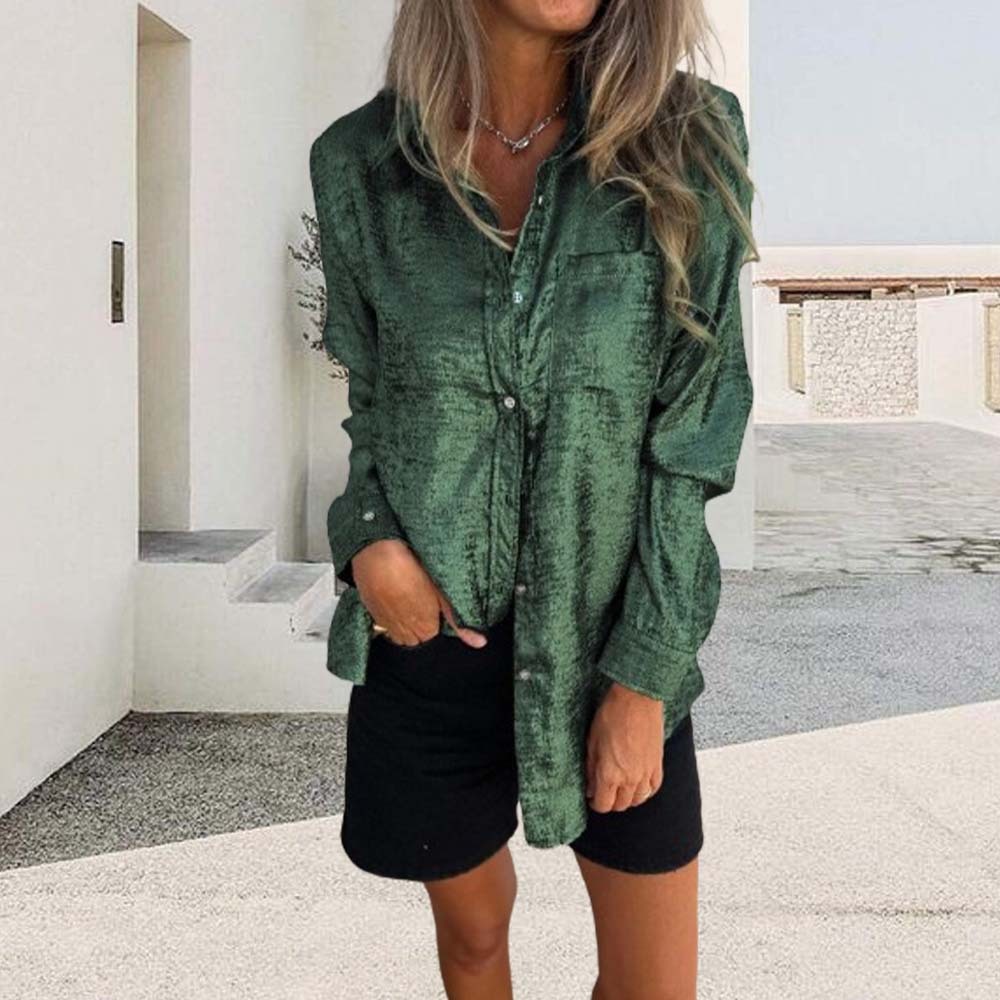 Camisa de solapa de moda de gamuza casual para mujer de primavera 2024