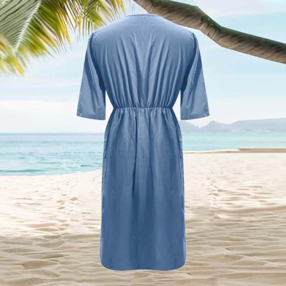 Vestido de mujer con bolsillos de algodón y lino transpirable de color liso