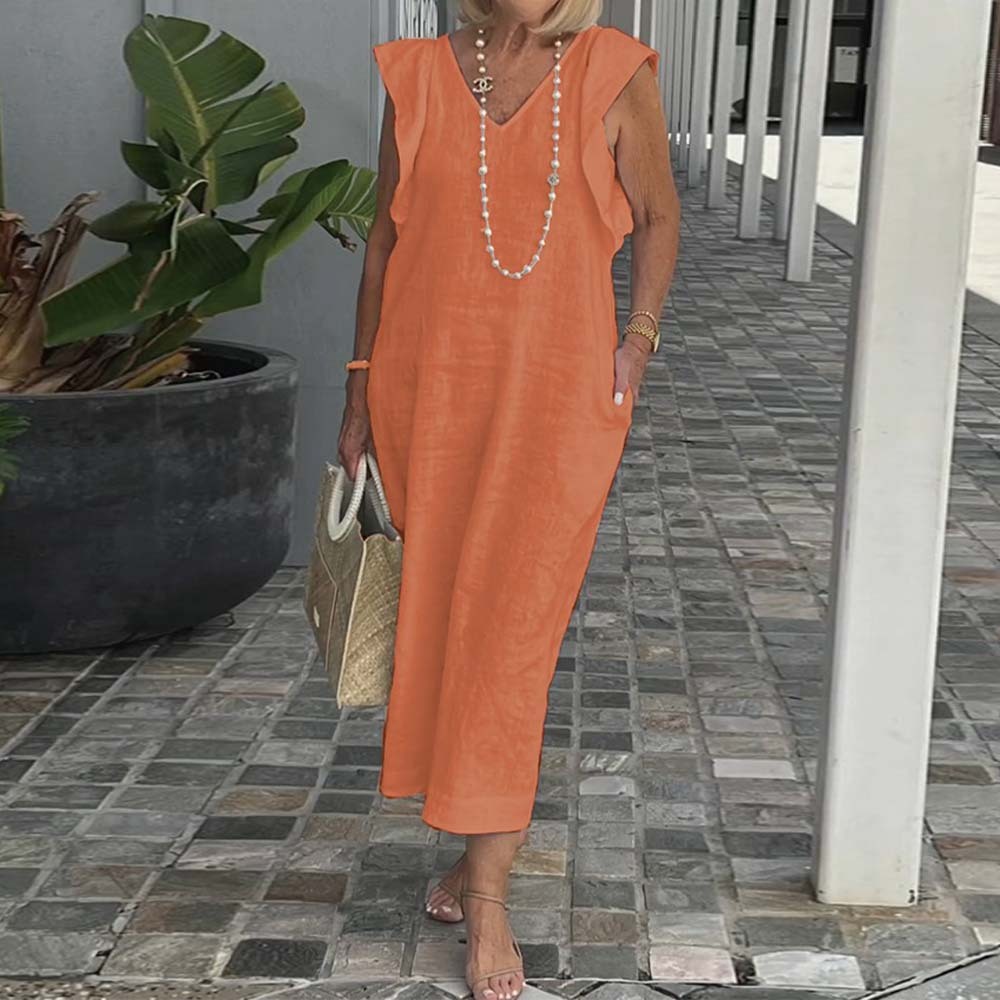 Elegante vestido de algodón y lino con cuello en V y color liso