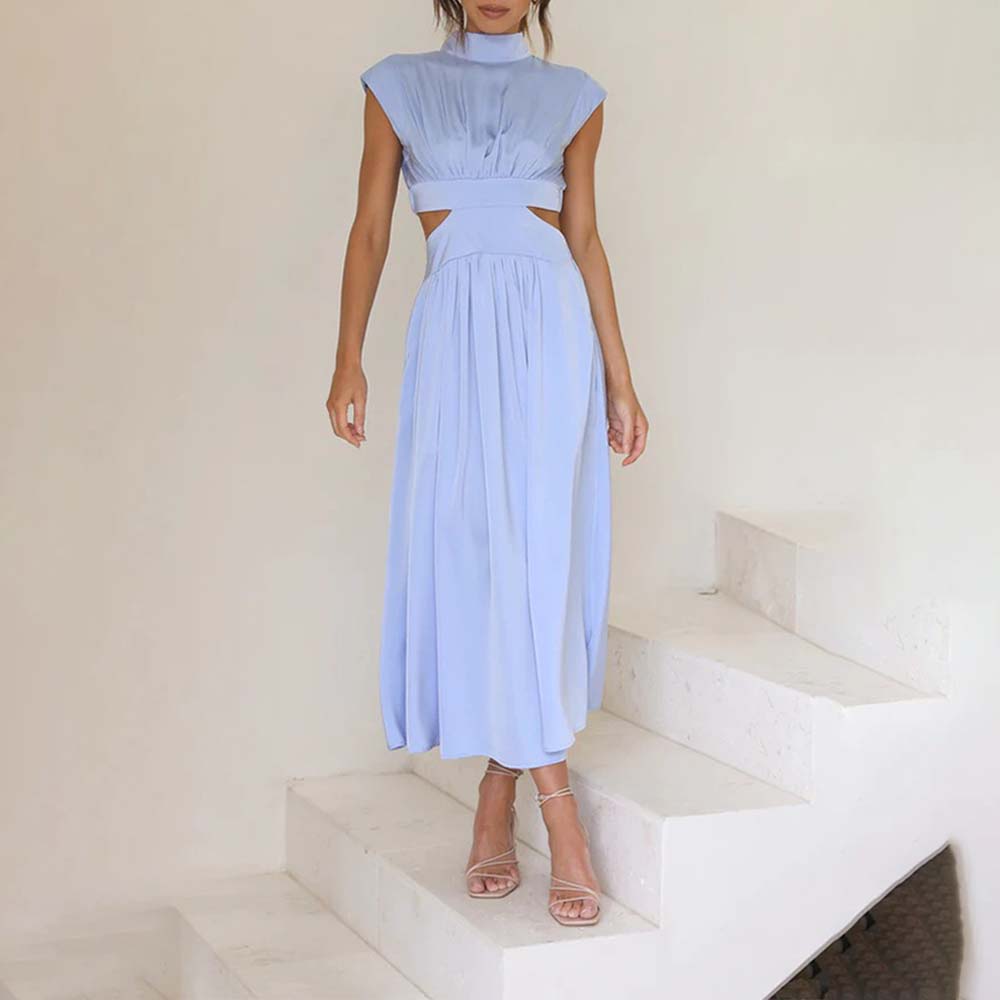 Stylish stand-up collar and exposed waist resort style dress