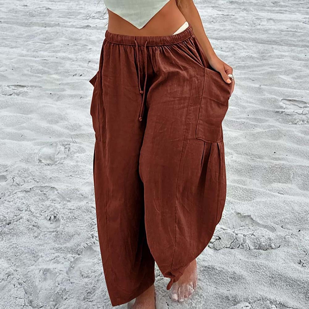 Pantalones casuales de algodón y lino con pierna ancha y cintura alta