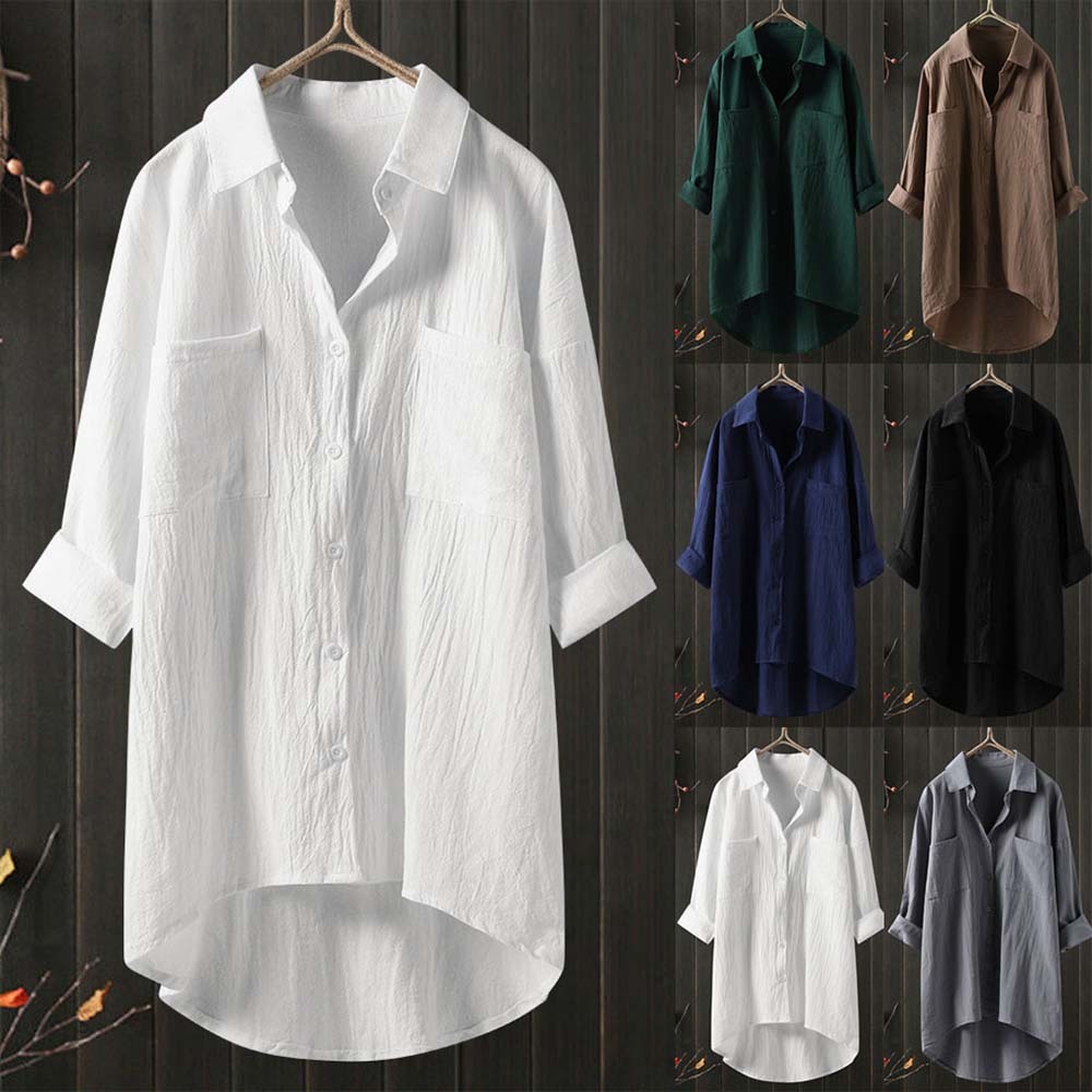 Women's solid color casual cotton linen shirt