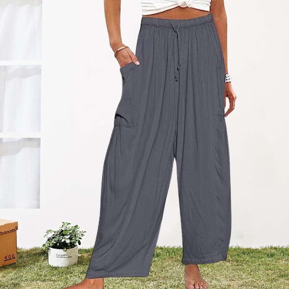 Pantalones casuales de algodón y lino con pierna ancha y cintura alta