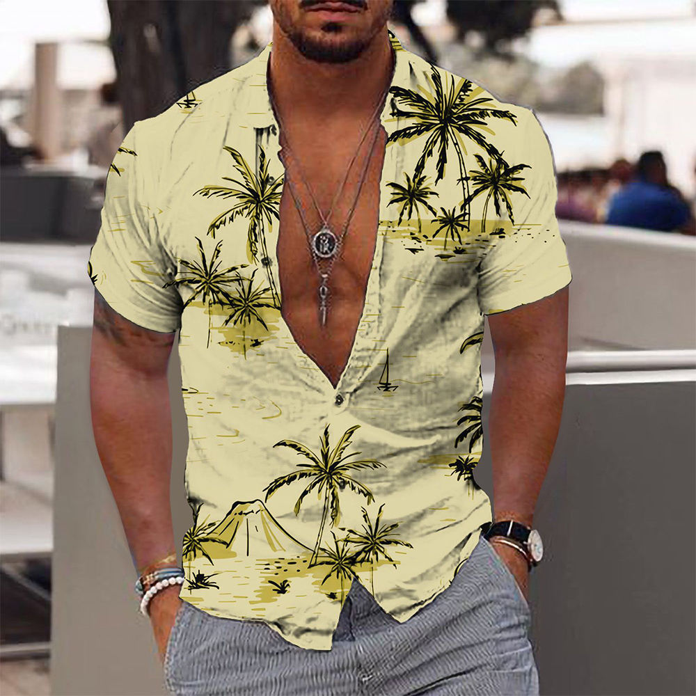 Olivoslindo Camisa de manga corta con estampado de árbol de coco hawaiano para hombre
