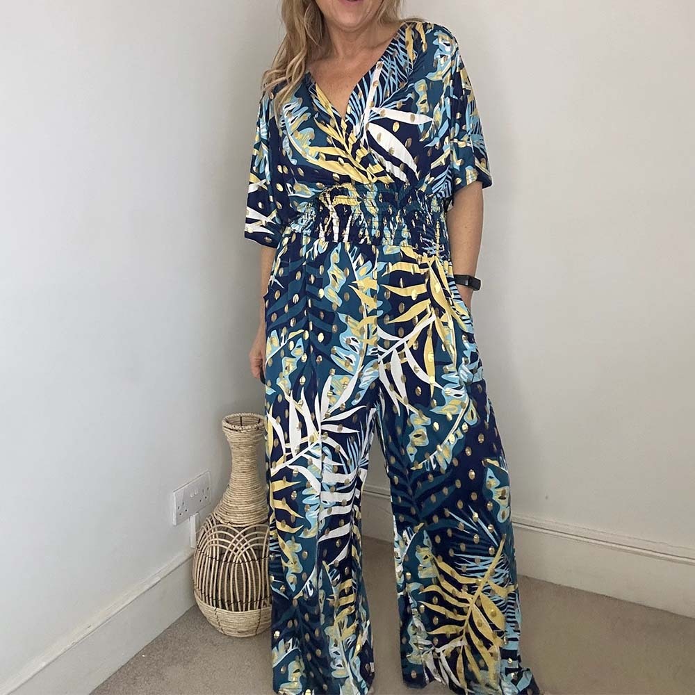 Mono holgado de talla grande con estampado de hojas estilo centro turístico para mujer