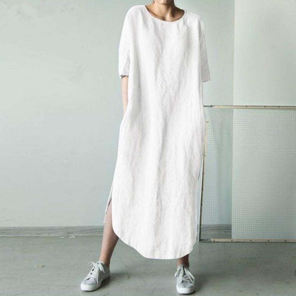 Women's fashionable side slit round neck cotton and linen dress