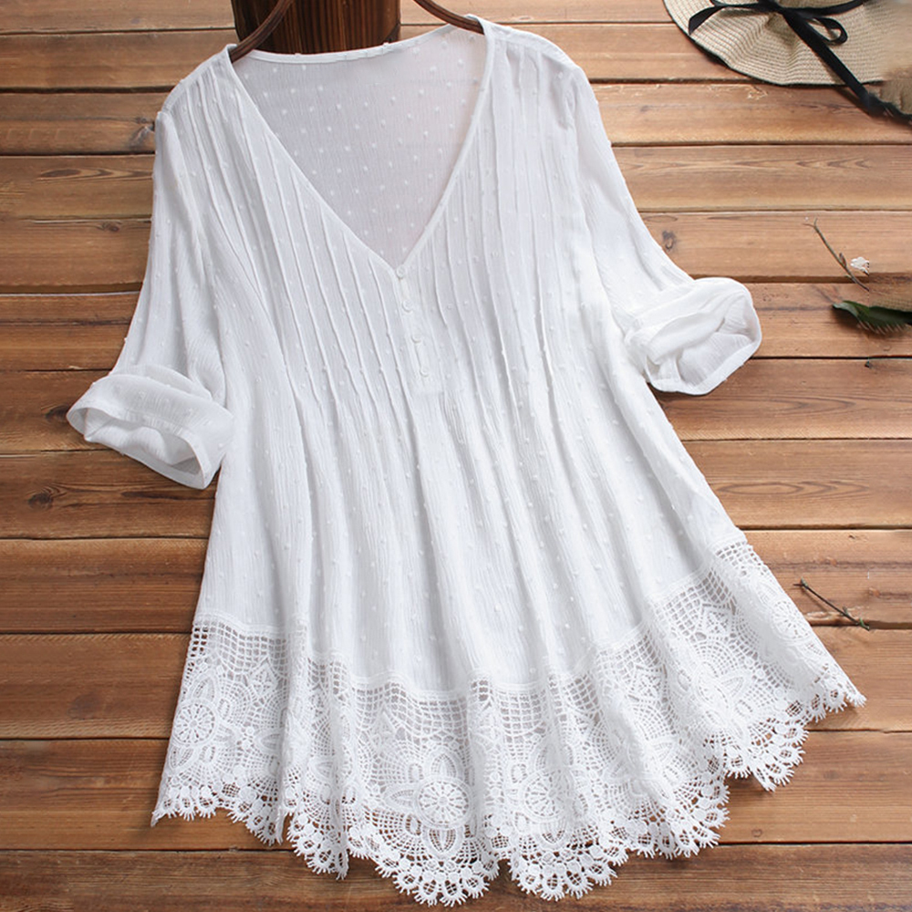 Summer ladies temperament lace V-neck hollow short-sleeved shirt