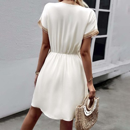 Vestido de cintura con cuello en V de moda de verano para mujer