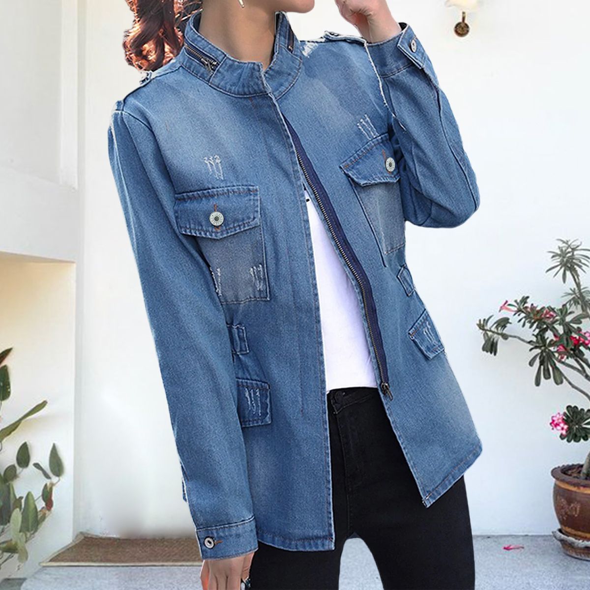 Olivoslindo Chaqueta de mezclilla de cintura delgada para mujer de nueva moda