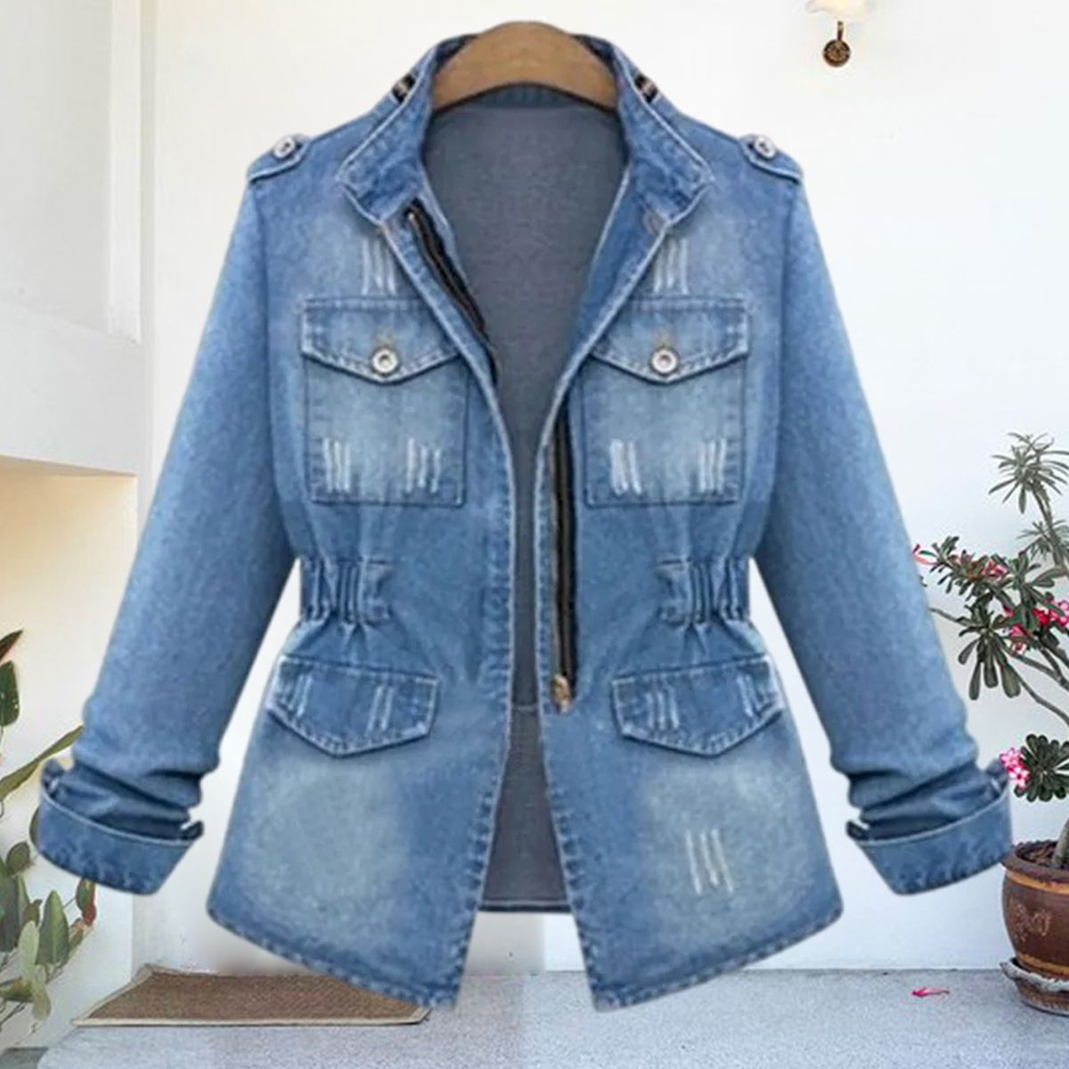 Olivoslindo Chaqueta de mezclilla de cintura delgada para mujer de nueva moda