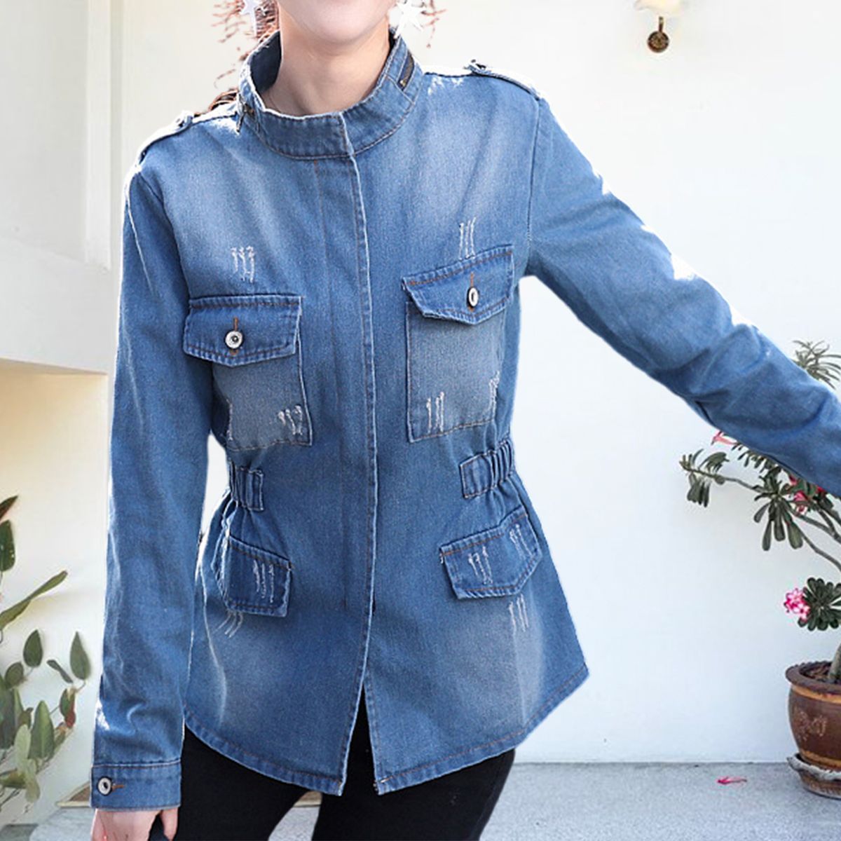 Olivoslindo Chaqueta de mezclilla de cintura delgada para mujer de nueva moda