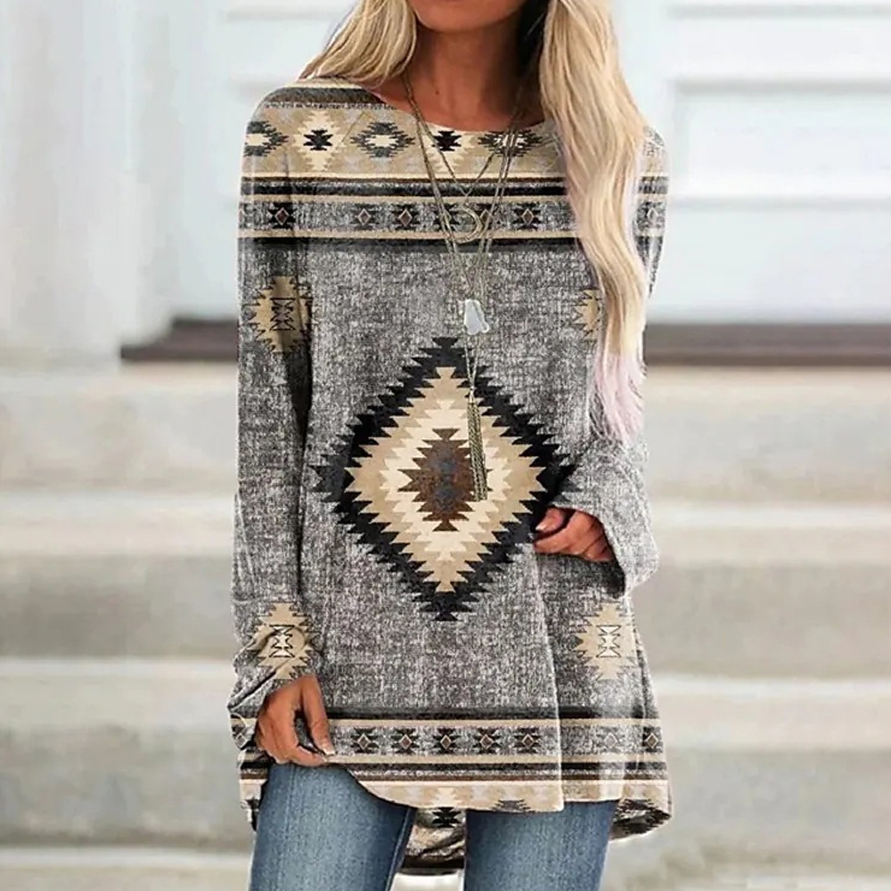 Olivoslindo Camiseta midi étnica de manga larga y cuello redondo