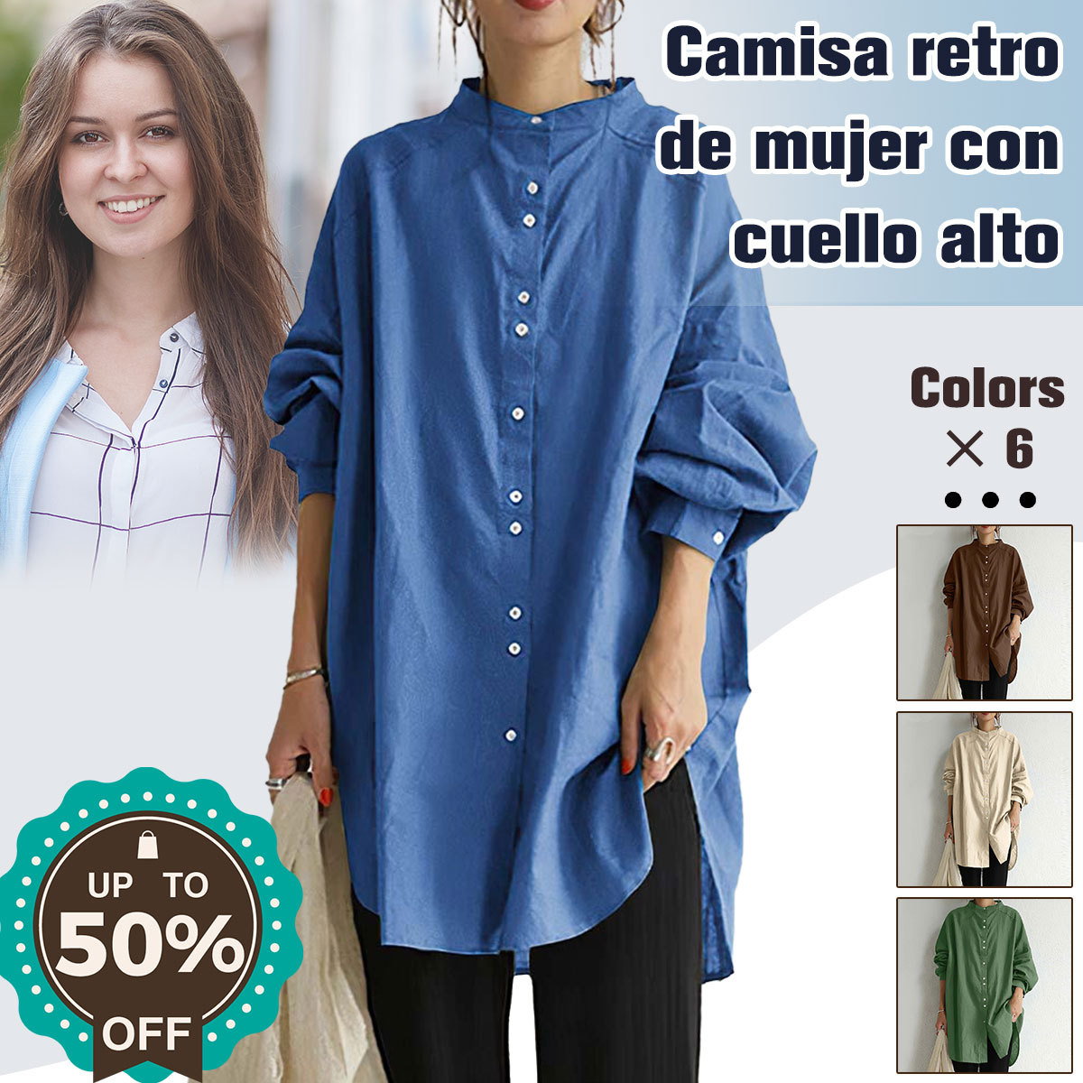 Camisa casual de mujer de algodón y lino con botonadura simple