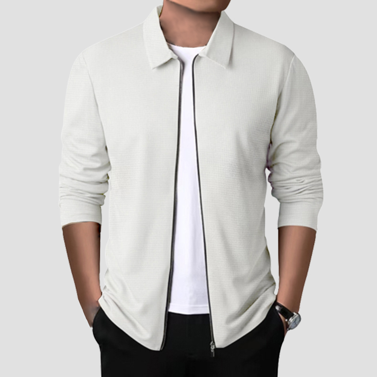 Olivoslindo Nueva chaqueta informal con solapa y cremallera tipo gofre para hombre