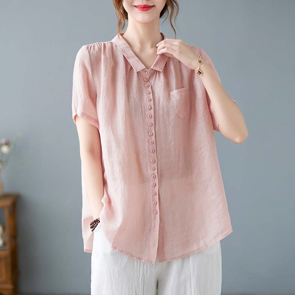 Women's loose large size cotton and linen short sleeve shirt