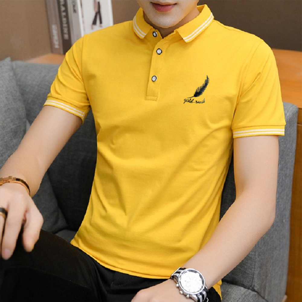 Summer Men's Feather Print Business Short Sleeve Polo Shirt