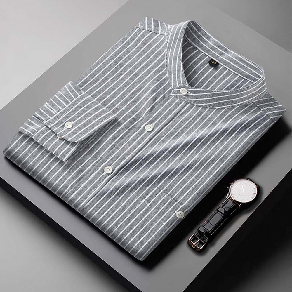 Camisa casual de manga larga a rayas con cuello levantado y talla grande para hombre