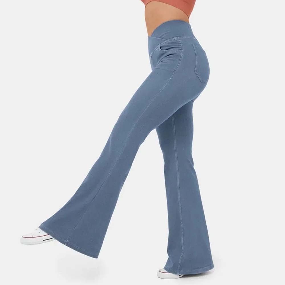Women's Stretch Denim High Waist Crossover Flare Pants